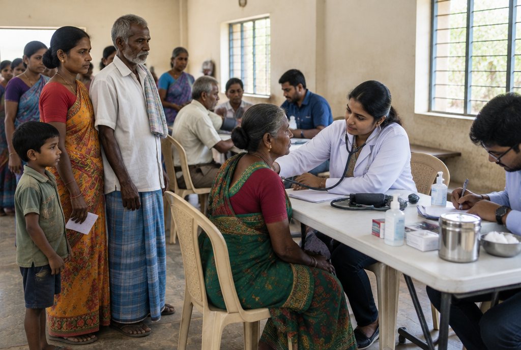 A doctor examining villagers at a community health camp, with people waiting